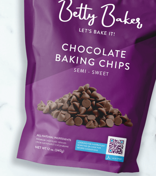 A purple package of semi-sweet chocolate chips  with a QR Code printed on it. 