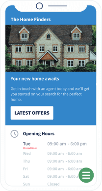 A QR Code landing page that displays a real estate agent’s information such as opening hours, links, and the latest properties on offer.