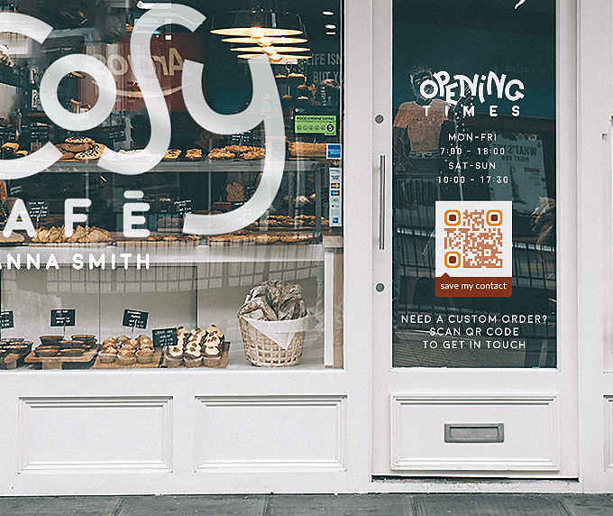 A door at a bakery with a QR Code that lets customers save contact details easily to their smartphones.